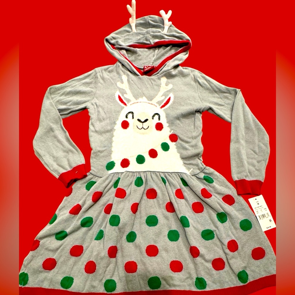 Grey Llama holiday print sweater dress with hoodie! Never worn size 7-8. So cute